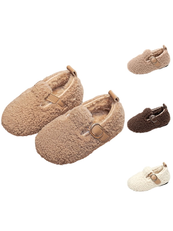 Girls Warm Fleece Lined Flats Casual Slip On Winter House Shoes Cozy Fuzzy Mary Jane Shoes
