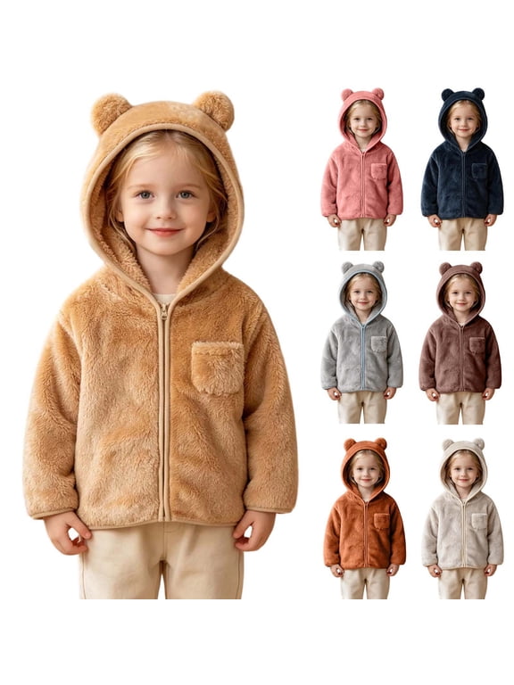 Girls Zip Up Jackets with Bear Ear Hood Double Sided Fleece Casual Warm Cute Fuzzy Coat with Pockets for 12M-5Y