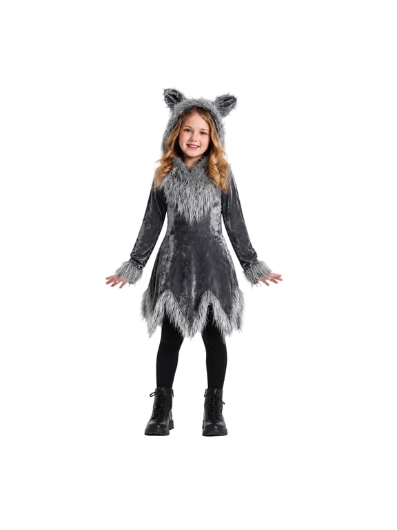 Halloween Long Sleeve Wolf Dress for Girls Faux Furs Trim Fashion Cute Novelty Party Costume