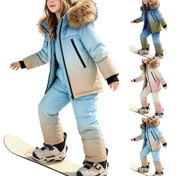 YUANxueke Kids 2-Piece Gradient Color Snowsuit Sets, Waterproof Hooded Down Jacket & Ski Bib Pants, Fashion Warm Ski Suit