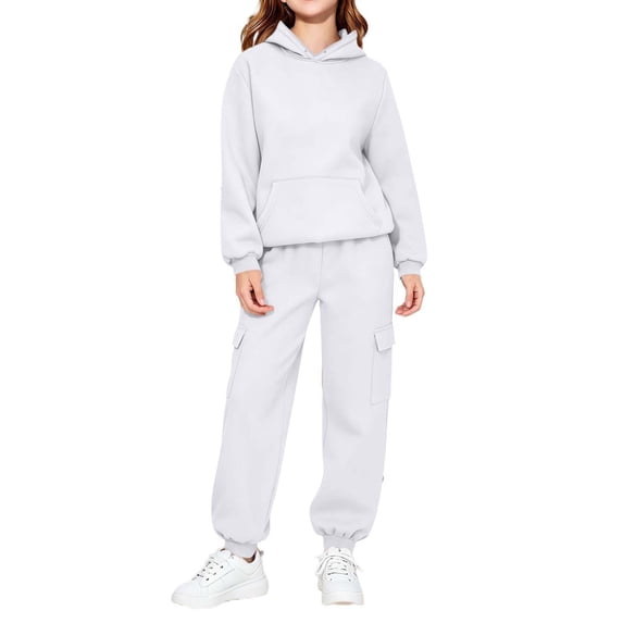 YUANxueke Kids 2-Piece Winter Sweatsuits Boys Girls Hoodie Sweatshirt with Kangaroo Pocket & Tapered Pants,White,Sizes 2-14