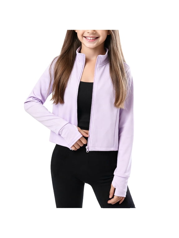 Kids Athletic Jacket Zip Up Workout Athletic Jackets Lightweight Slim Fit Cropped Yoga Outwear with Thumb Holes 3-15 Years