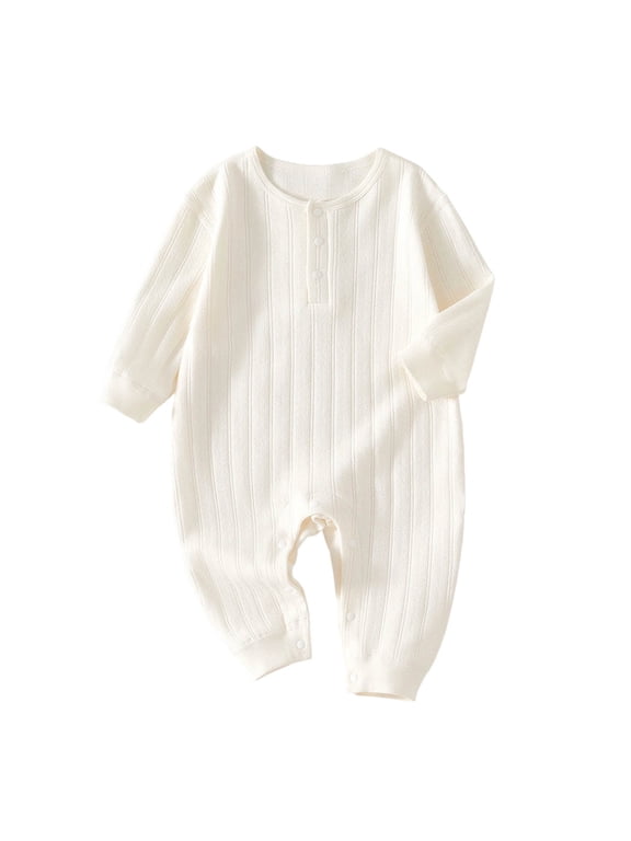 Kids Cotton Long Sleeve Pullover Romper, Ribbed Knit Seamless Base-Layer Bodysuit for Indoor Daily Wear,White,9-12 Months