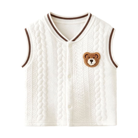 YUANxueke Kids Cotton Warm Vest Button Down V Neck 3D Bear Trim Sleeveless Cardigan,White,2-3 Years