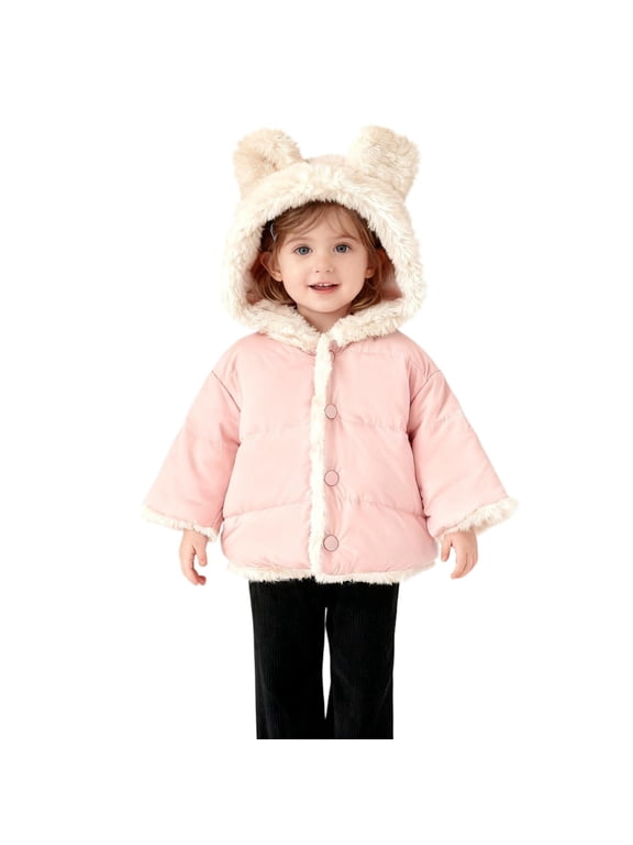 Kids Fleece Lined Jackets Long Bell Sleeve Button Down Jackets with Cute Faux Furs Hood Warm Cozy Coat