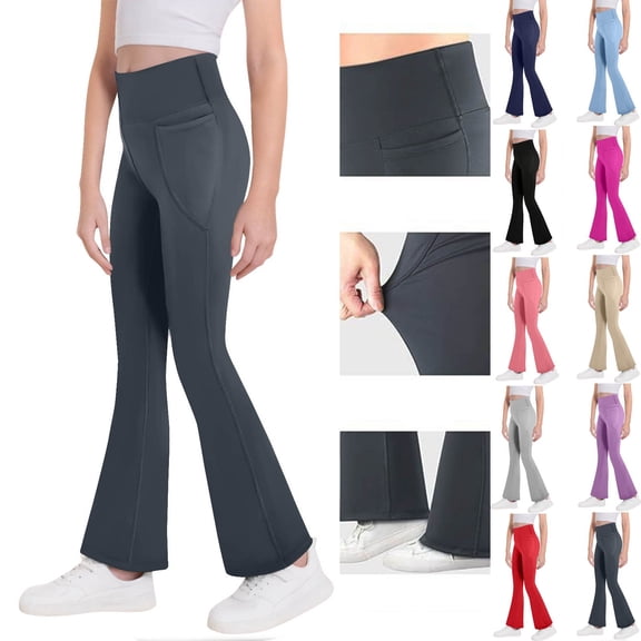 YUANxueke Kids Girls Flared Yoga Pants High Waisted Breathable Elastic Trousers Casual Stretchy Workout Pants Outdoor Athletic Outfits with Pockets 6-15 Years