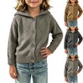 thumbnail image 1 of YUANxueke Kids Knit Cardigan with Pompom Hood, Boys Girls Button Down Raglan Sleeve Jacket, Warm Knitted Cute Daily Tops, 1 of 5