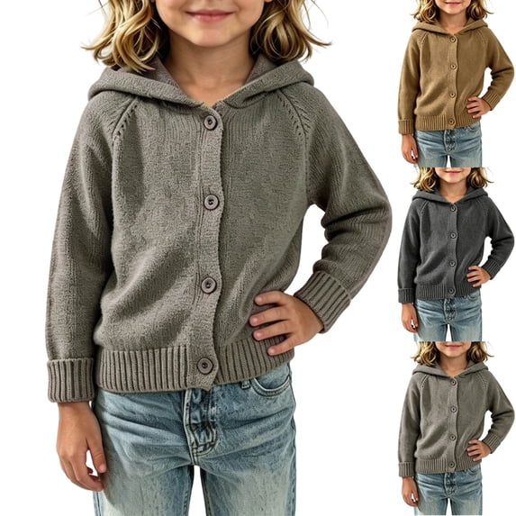 YUANxueke Kids Knit Cardigan with Pompom Hood, Boys Girls Button Down Raglan Sleeve Jacket, Warm Knitted Cute Daily Tops