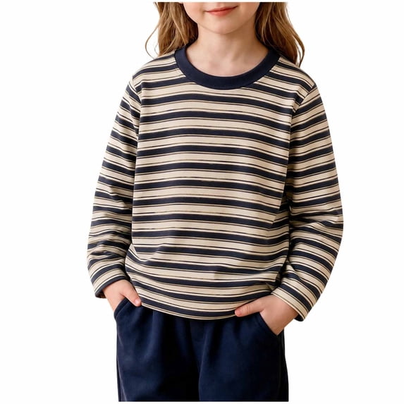 YUANxueke Kids Striped Cotton Shirts, Long Sleeve Color Block Crewneck Pullover, Casual Loose Fit Basic Tee Shirt