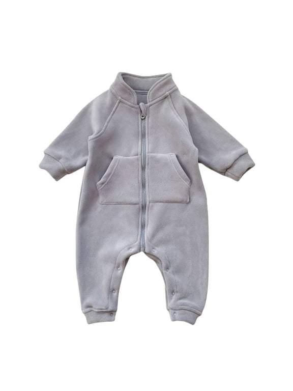 Kids Warm Polar Fleece Romper, Stand-Collared Long Sleeve Zipper One-Piece with Kangaroo Pocket,Gray,3 Months