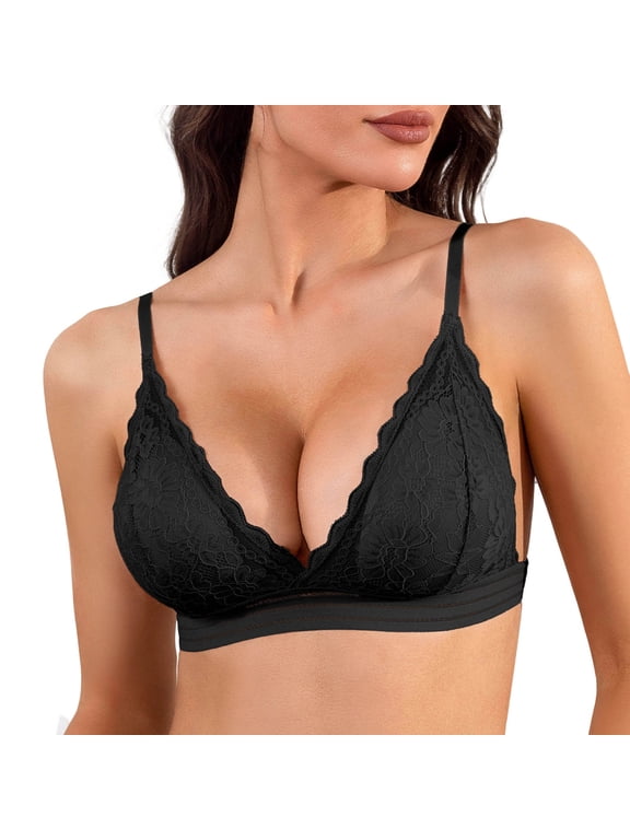 Lace Bralettes for Women Deep V Neck Wireless Scallop Trim Bra Comfortable Breathable Triangle Bra,Black,S