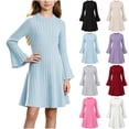 thumbnail image 1 of YUANxueke Long Bell Sleeve Ribbed Knit Dress for Girls Casual Crewneck Fashion Fall Winter Outdoor Dress for 5-15 Years, 1 of 8