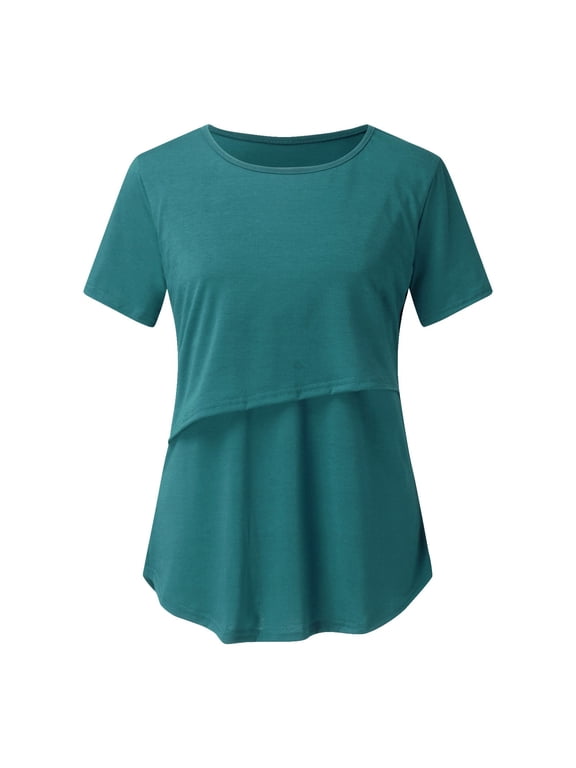 Maternity Cotton T-Shirts for Women Crewneck Short Sleeve Nursing Tops Double Layer Breastfeeding Pregnancy Shirts