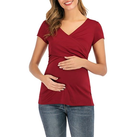 YUANxueke Maternity Tops for Women V Neck Tunic Shirts Casual Nursing Tops Short Sleeve Pregnancy Outfits Soft Clothes