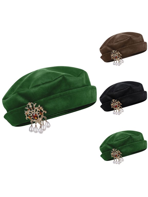 Men Vintage Renaissance Beret Hat, Medieval Costume Cap with Gem Pearl Tassel Brooch for Themed Party