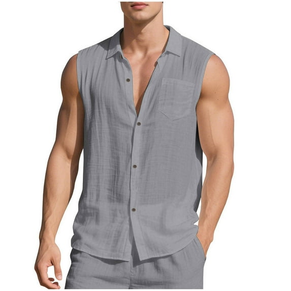 YUANxueke Men's Button Down Tank Tops Cotton Linen Vintage Tops Casual Sleeveless Shirts Loose Fit Summer Beach Outfits Clothes with Pockets