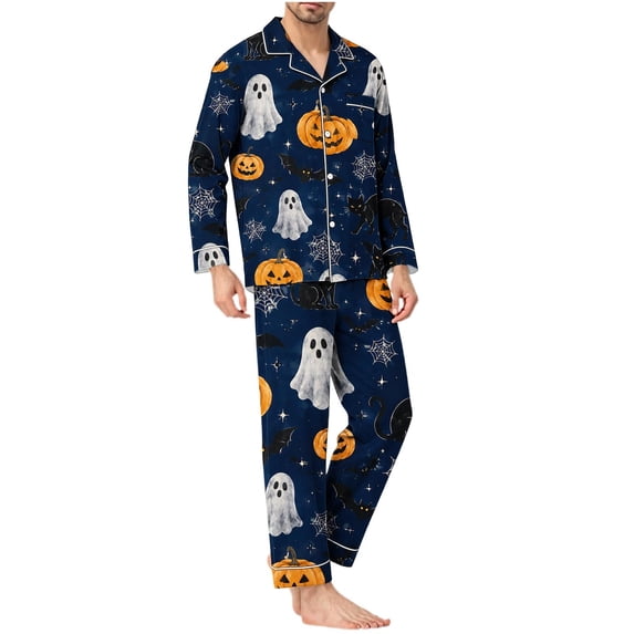 YUANxueke Men's Casual Funny Printed Pajamas Two Piece Collared Button Down Long Sleeve Shirts & Pants,Size S-2XL