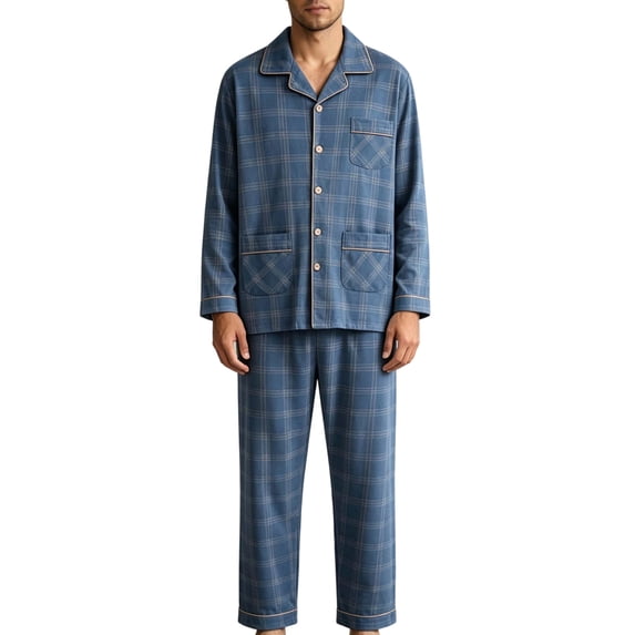 YUANxueke Mens Big & Tall Cotton 2 Piece Pajamas Sets Long Sleeve Collared Button Down Shirts & Pants Comfy Sleepwear