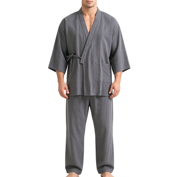 YUANxueke Mens Cotton Kimono Pajama Sets 3/4 Sleeve Tie Front Shirt & Pants 2-Piece Sleepwear Outfits