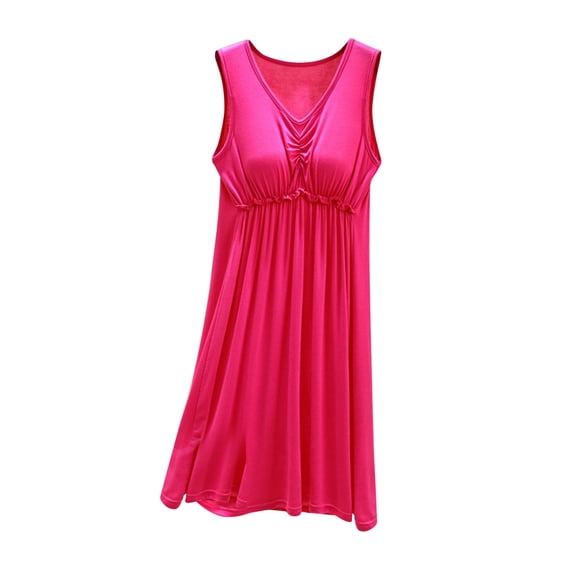 YUANxueke Nightgowns for Women V Neck Pleated Sleepwear Dress Casual Comfy Sleeveless Sleepshirt with Built in Bra Loose Fashion Loungewear