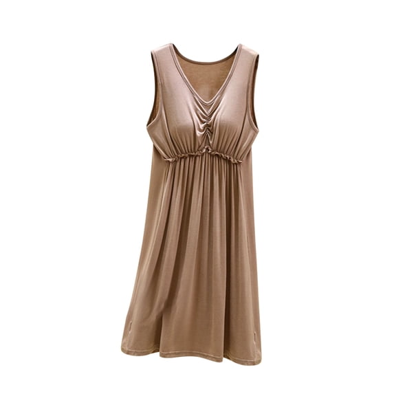 YUANxueke Nightgowns for Women V Neck Pleated Sleepwear Dress Casual Comfy Sleeveless Sleepshirt with Built in Bra Loose Fashion Loungewear