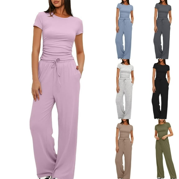 YUANxueke Outfits for Women 2 Piece Sets Solid Color Short Sleeve Tops with Straight Legs Pants Casual Soft Loungewear Trendy Matching Set with Pockets
