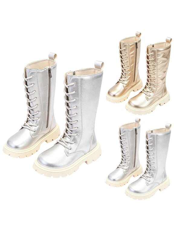 PU Leather Lace Up Knee High Boots for Girls Side Zipper Fashion Shiny Metallic Punk Boots