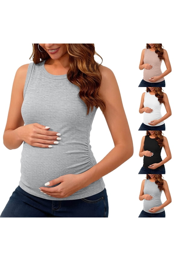 Ribbed Knit Tank Top for Women's Maternity Sleeveless Crew Neck Side Ruched Shirt Summer Lightweight Pregnancy Tops