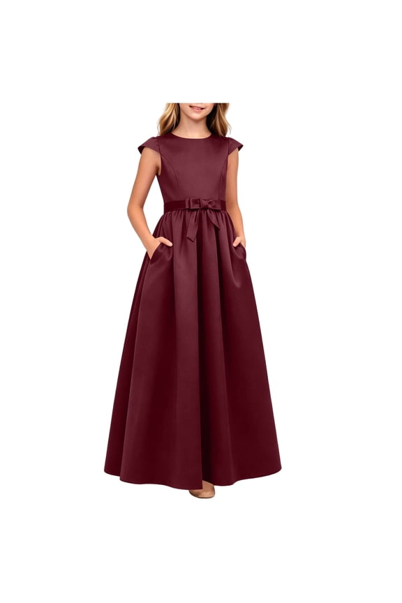 Satin Maxi Dress for Girls Cap Sleeve Ball Gown Princess Dress Bowknot Tie Waist Formal Wedding Party Dress with Pockets for 0-13 Years