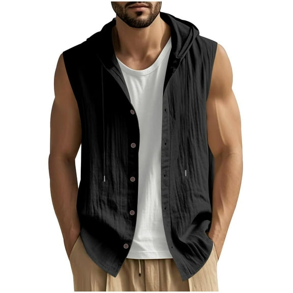 YUANxueke Sleeveless Hoodies for Men Cotton Linen Vests Button Down Breathable Drawstring Tank Tops Summer Vacation Beach Outfits Clothes