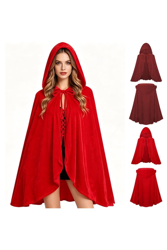Velour Hooded Cape for Women, Tie Front Ruffle Cloak, Medieval Renaissance Shawl Clothes,Red,S