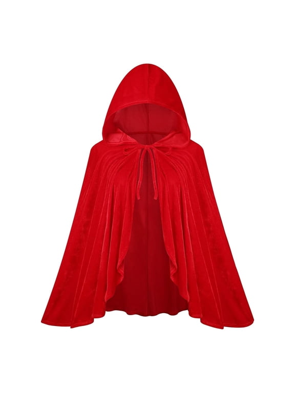 Velour Hooded Cape for Women, Tie Front Ruffle Cloak, Medieval Renaissance Shawl Clothes,Red,S