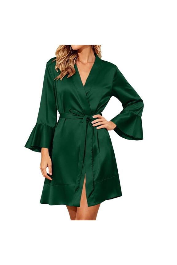 Women Short Robe, V Neck Flare Bell Sleeve Self Tie Waist Ruffle Hem Sleeprobe, Loungewear Bridal Bathrobe for Spa Wedding