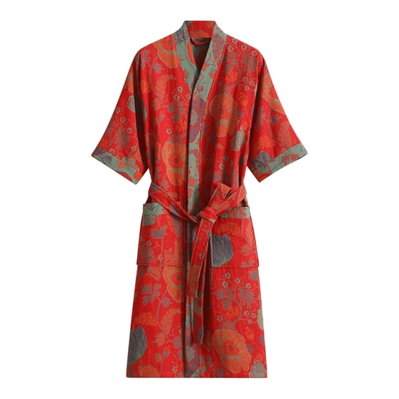 YUANxueke Women's Double-Layer Gauze Robes Short Sleeve Kimono Bathrobe with Pockets Summer Lightweight Sleepwear Night Dress