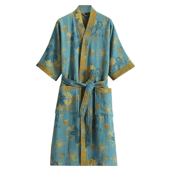 YUANxueke Women's Double-Layer Gauze Robes Short Sleeve Kimono Bathrobe with Pockets Summer Lightweight Sleepwear Night Dress