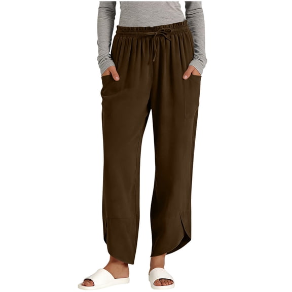 YUANxueke Women's Elastic Waist Pleated Pants with Drawstring Casual Cotton Linen Summer Trousers Irregular Hem Loose Pants Outfits with Pockets