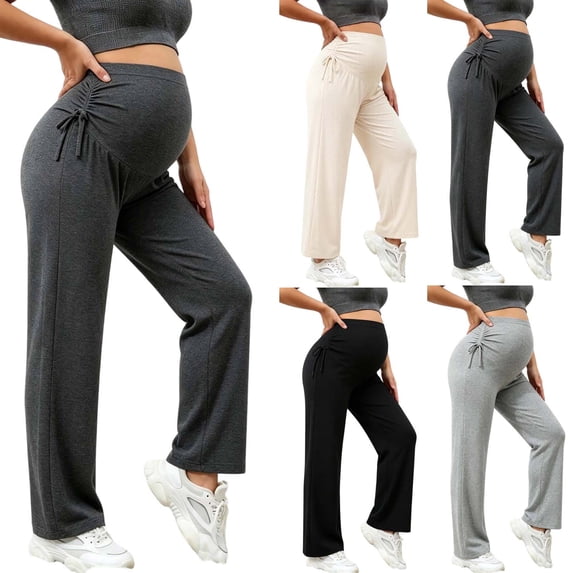 YUANxueke Women's Maternity Pants Side Ruched Knot High Waist Pants Belly Support Straight Wide Leg Pants,Beige,L