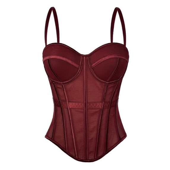 YUANxueke Women's Mesh Corset Bustier Top Pleated Padded Cups Bodysuit Elastic Waistband Lingerie Top with Adjustable Straps