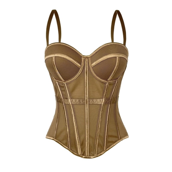 YUANxueke Women's Mesh Corset Bustier Top Pleated Padded Cups Bodysuit Elastic Waistband Lingerie Top with Adjustable Straps