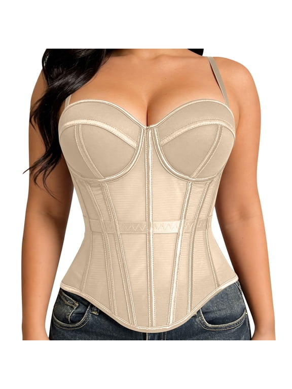 Women's Mesh Corset Bustier Top Pleated Padded Cups Bodysuit Elastic Waistband Top