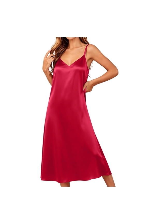 Women's Plus Size Satin Long Nightgown Spaghetti Strap Silky Sleepwear Dress Elegant Sleeveless V Neck Summer Chemise Pajama Dresses