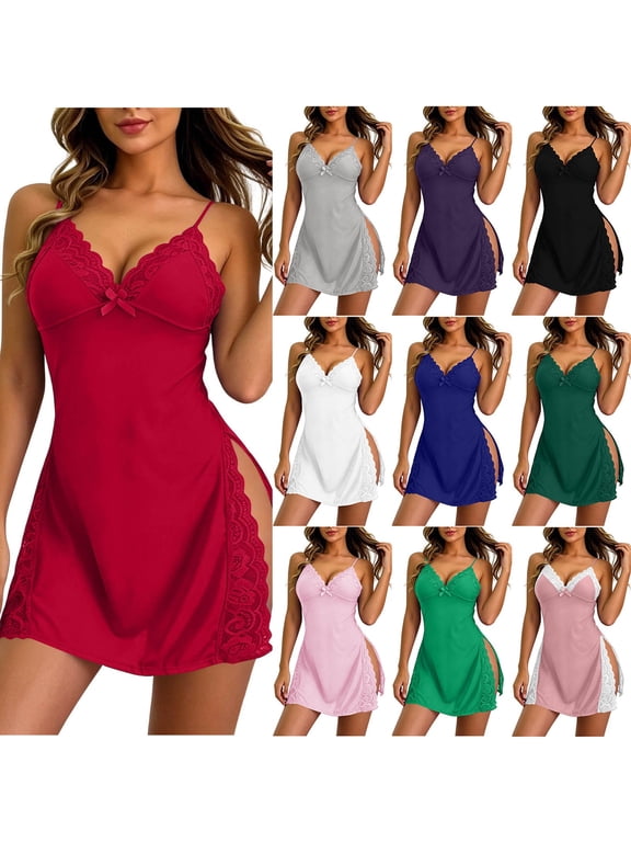 Women's Side Split Slip Nightgown Lace Trim Deep V Neck Sleepwear with Adjustable Spaghetti Straps,Size S-2XL