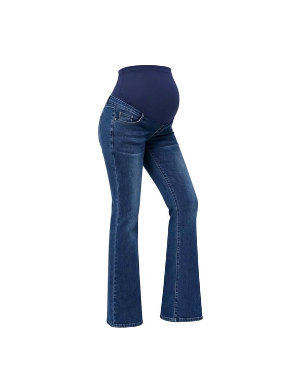 Women's Stretch Maternity Flare Jeans Over The Belly Bell Bootcut Bottoms Pants with Pockets Pregnancy Denim Pants,Dark Blue,L
