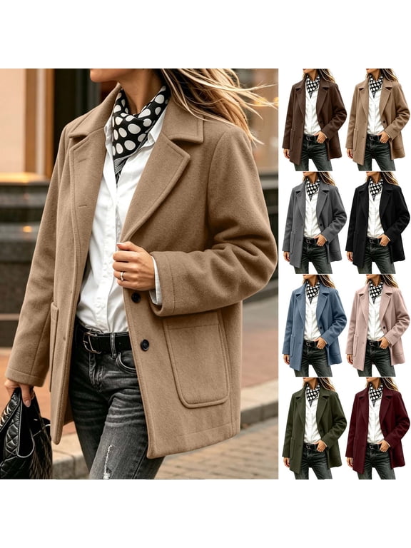 Women's Wool Blend Blazer Jacket With Pockets Long Sleeve Notched Collar Button Business Jacket,Size S-3XL