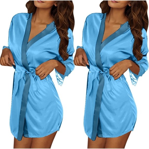 YUANxueke Womens 2-Packs 3/4 Sleeve Robe Lace Trim Kimono V Neck Mini Nightgown Trendy Soft Lightweight Bathrobes