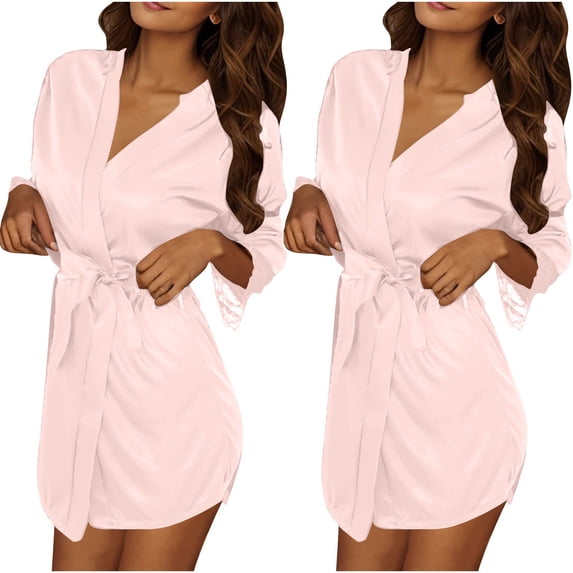 YUANxueke Womens 2-Packs 3/4 Sleeve Robe Lace Trim Kimono V Neck Mini Nightgown Trendy Soft Lightweight Bathrobes