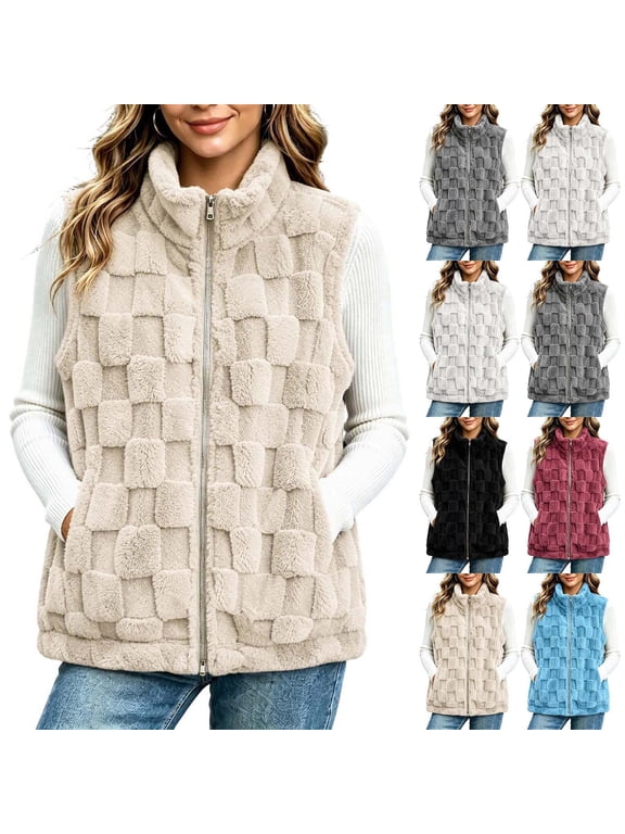 Womens Double Sided Fleece Vest Casual Full Zip Stand Collar Fall Winter Warm Fuzzy Sleeveless Jackets with Pockets
