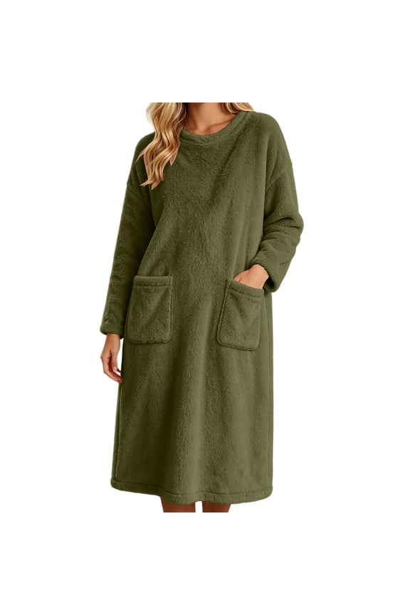Womens Fleece Nightgown, Long Sleeve Cozy Plush Night Dress, Winter Warm Crewneck Sleepdress with Pockets,Army Green,S