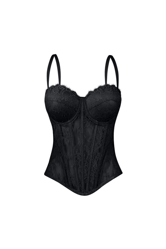 Womens Lace Mesh Corset Bustier Top Padded Cups Elastic Waistband Bustier Top Trendy Top