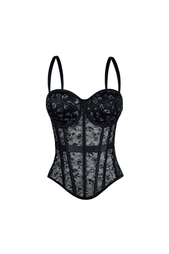 Womens Lace Mesh Corset Top Padded Cups Camisole Bustier Crop Top Trendy Lingerie Top with Adjustable Straps